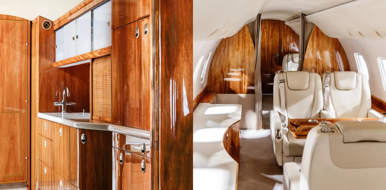 Interior view of the aircraft's galley and seating area.