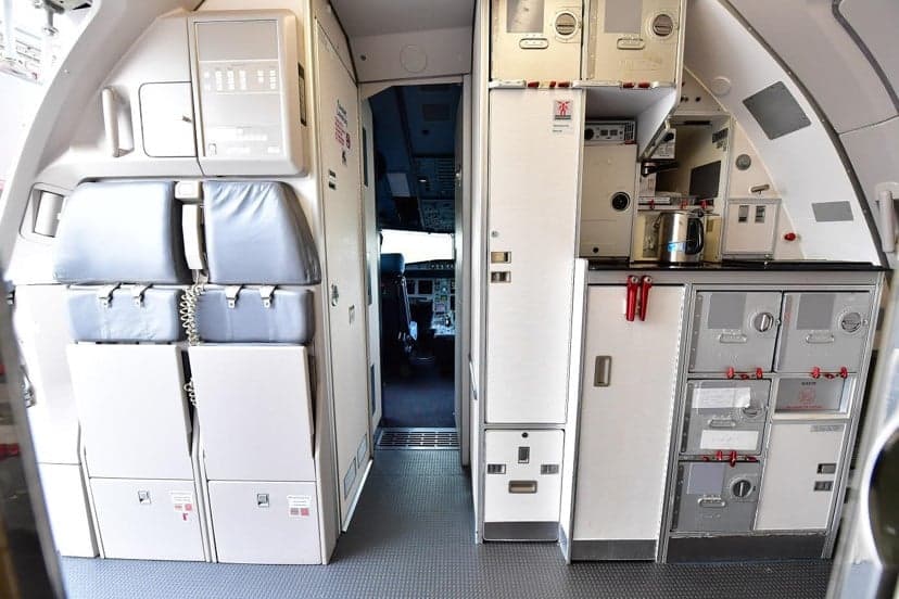 Galley and storage area inside the aircraft.