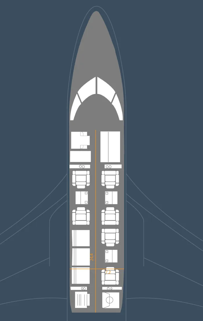 A diagram of the aircraft's interior layout, including seating and amenities.