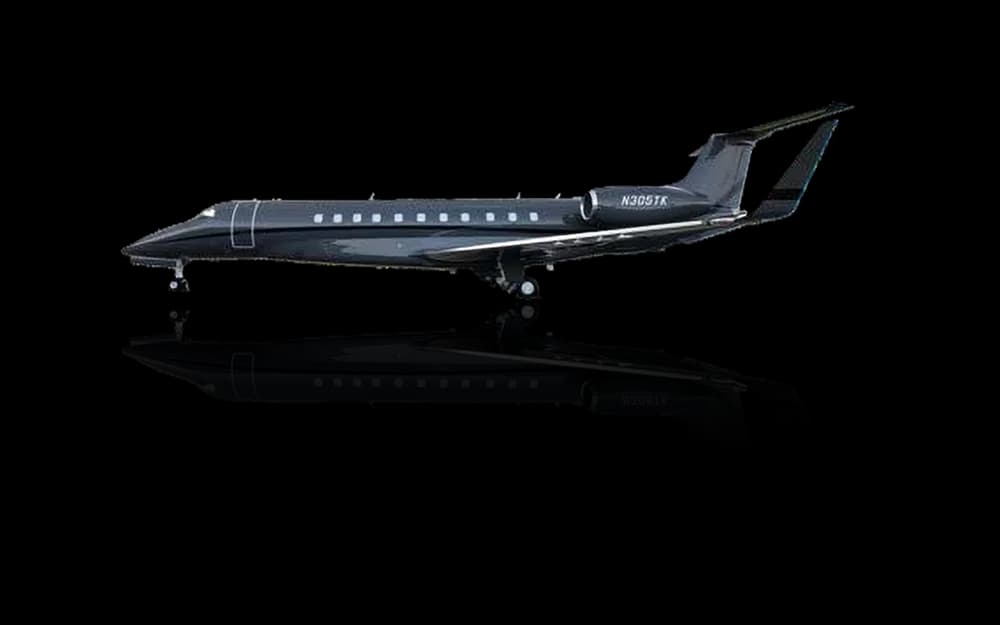 A stylized graphic of a dark grey Embraer Legacy 600 business jet (N305TK) mirrored vertically.