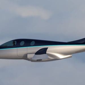 A rendering of an aircraft from a side view.