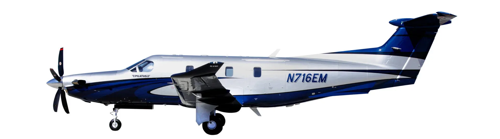 A Pilatus PC-12 aircraft, registration N716EM, in a silver and blue paint scheme, shown from a side view against a white background.