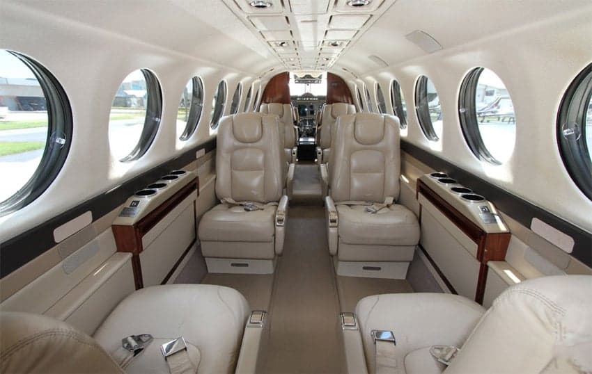 A view of the aircraft's interior, showing the seating arrangement.