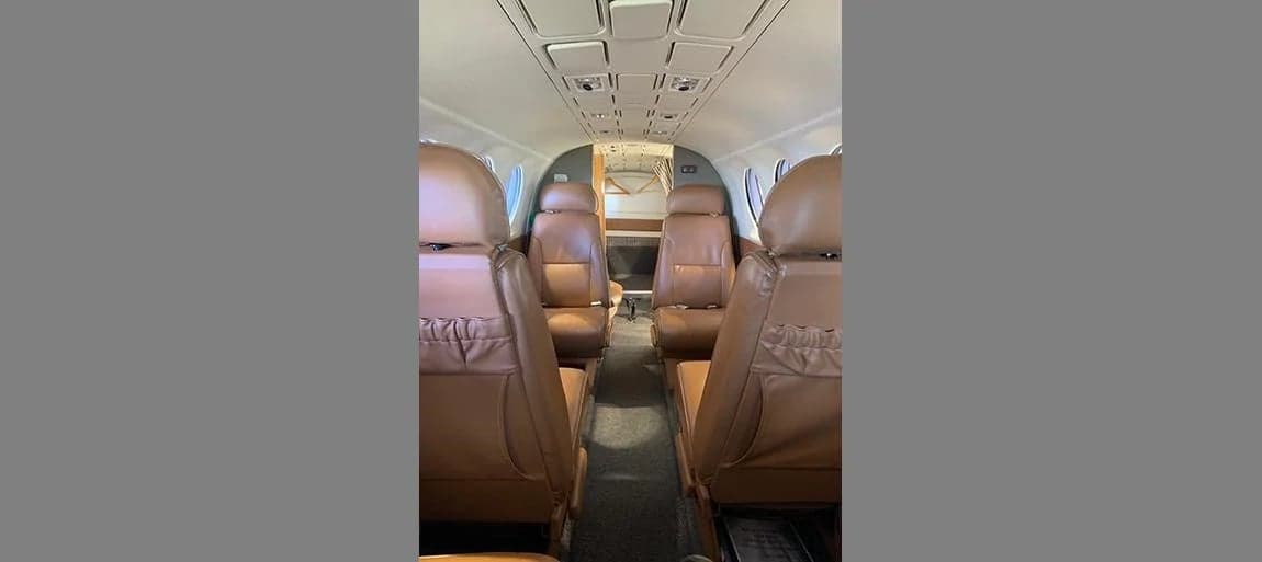 Cabin view of the aircraft with leather seats.