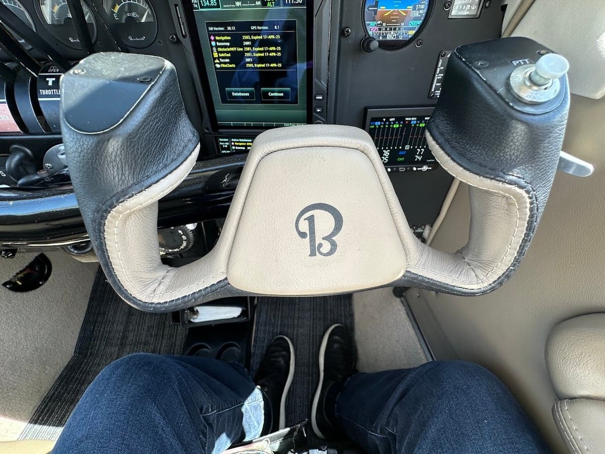 Close-up of the Beechcraft Baron's control yoke and instrument panel.