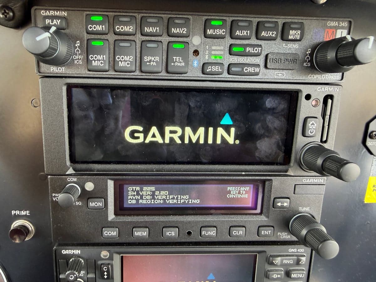 Close-up of the Garmin avionics stack in the cockpit.