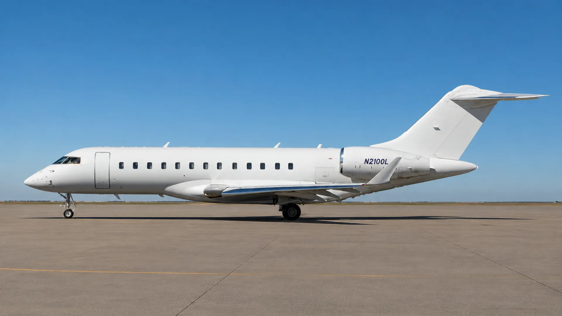A white Bombardier Global 6000 business jet, tail number N2100L, sits on an airport tarmac under a clear blue sky.