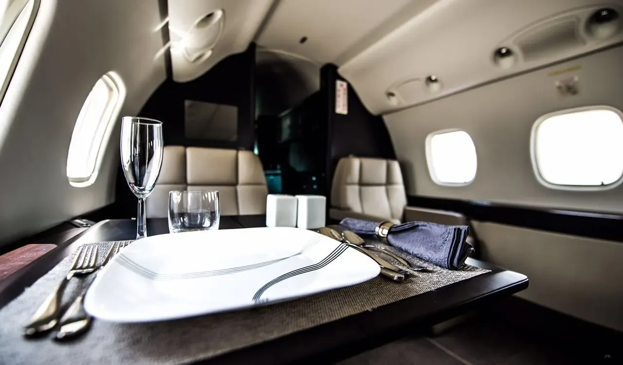 A set dining table inside a private jet cabin with a white plate, cutlery, and glasses.