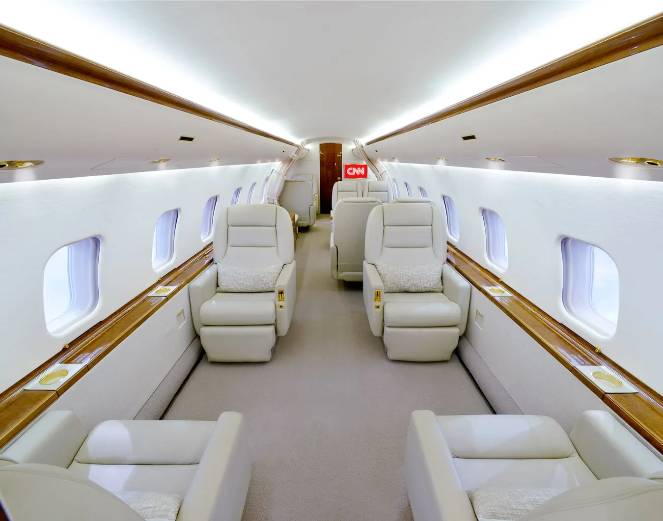 The elegant interior of a private jet cabin with light-colored individual seats facing each other.