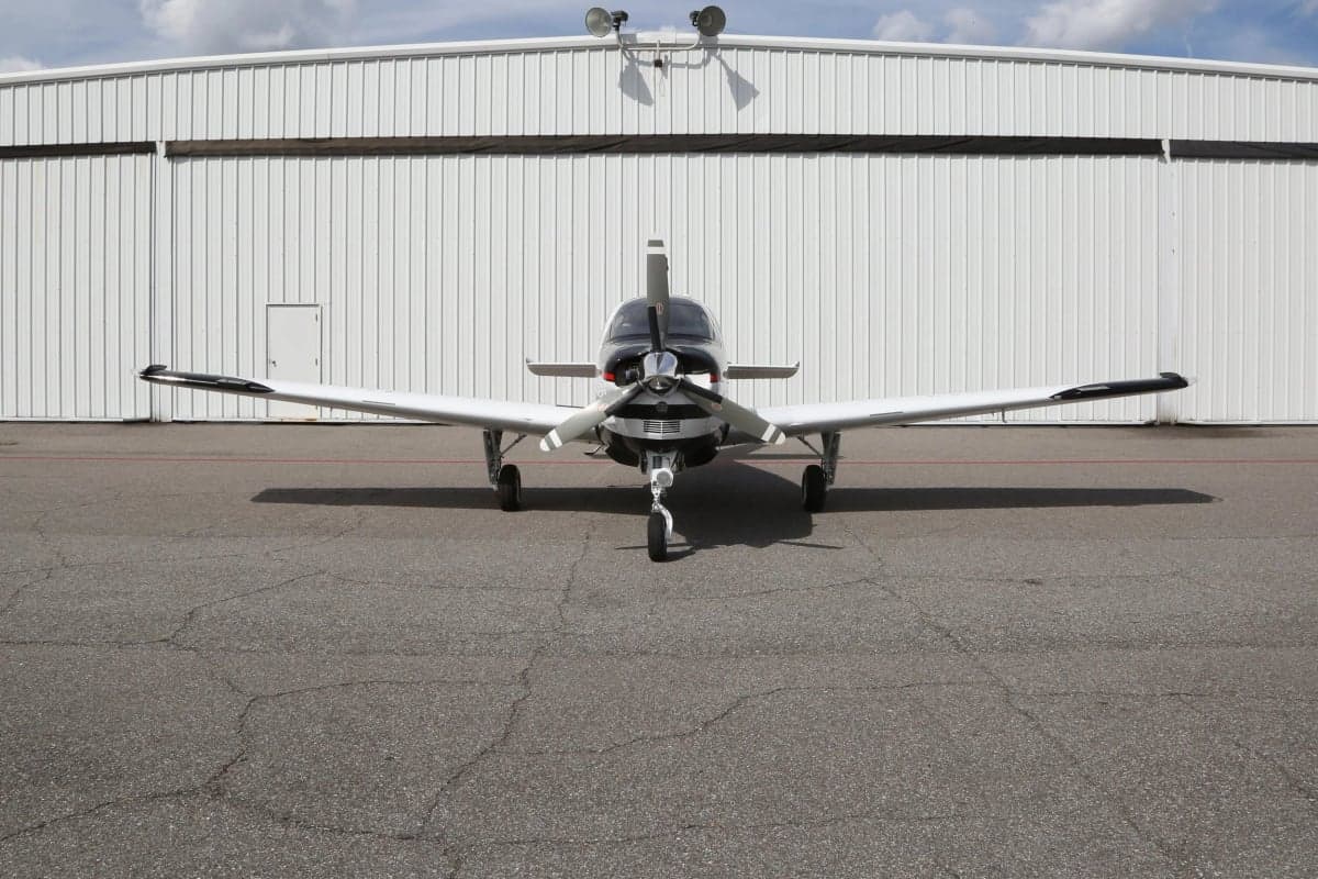 Front view of a Beechcraft Bonanza G36 parked on the tarmac.