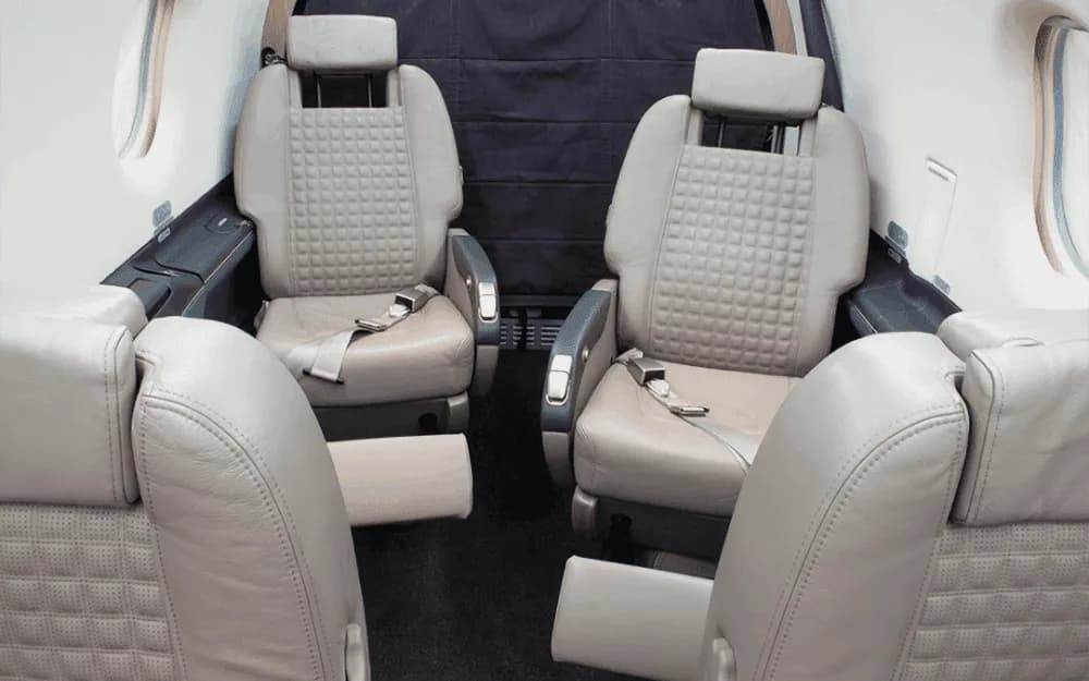 A close-up view of two light grey leather aircraft cabin seats with textured inserts and armrests.