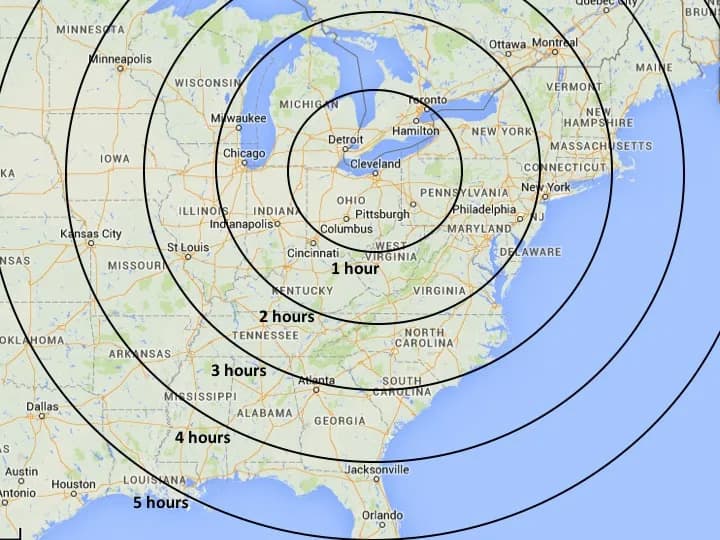 Map showing flight time rings around a central location.