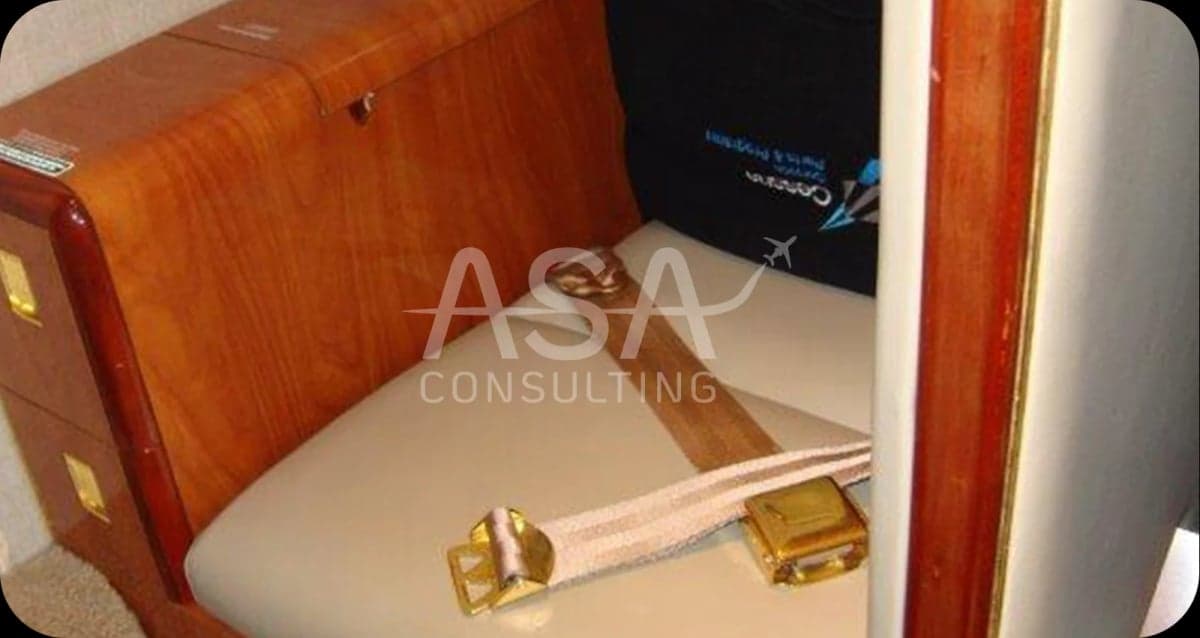 A leather seat with a seatbelt inside the aircraft cabin.