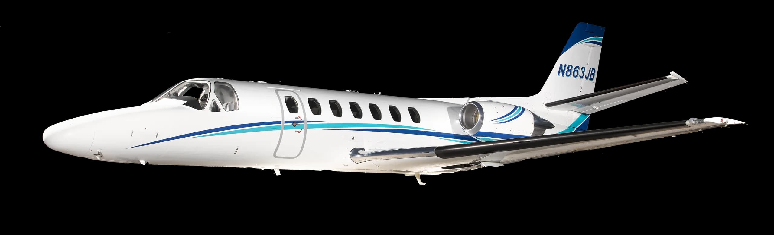 A white business jet with blue and teal stripes and tail number N863JB, viewed from the side.
