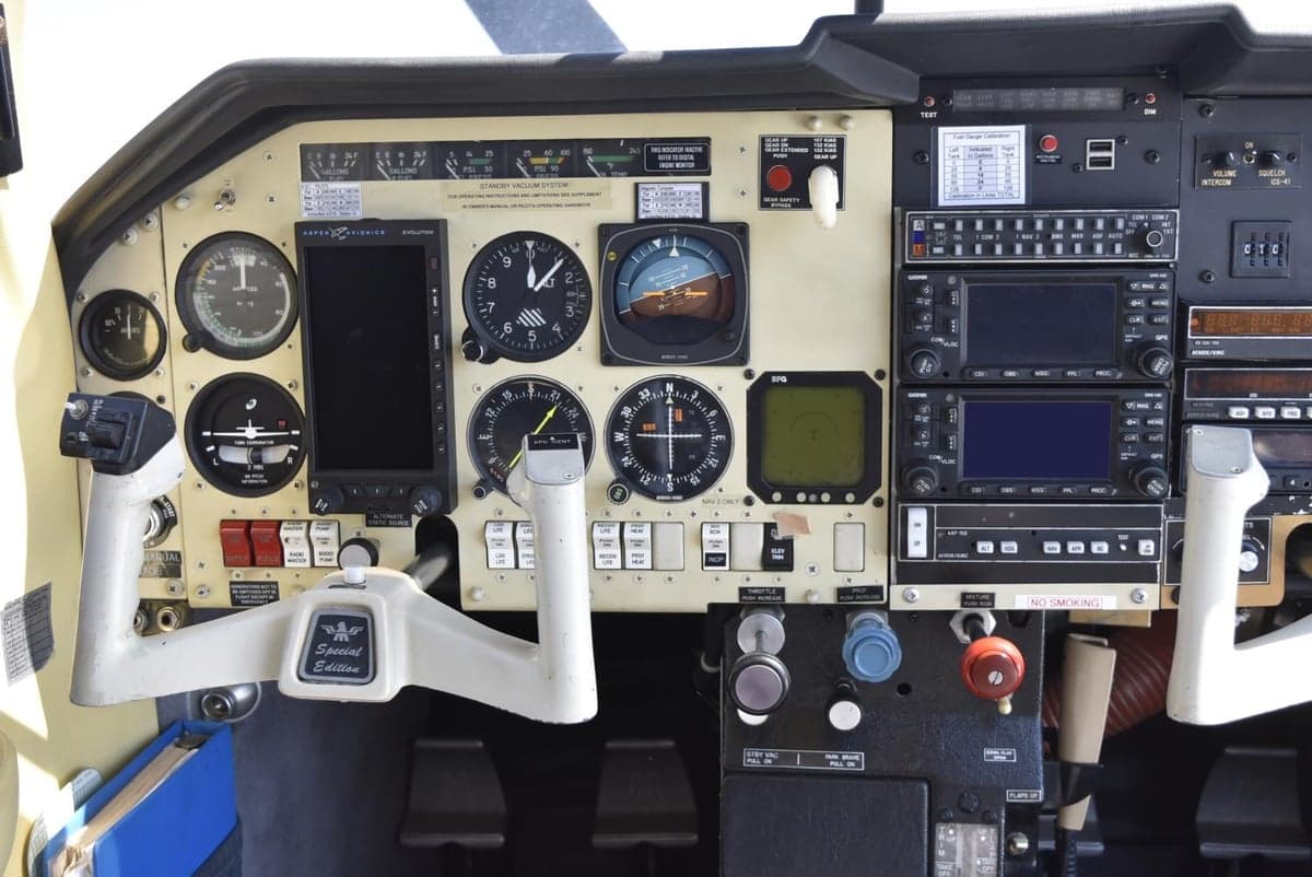 Close-up view of the aircraft's instrument panel and control yokes.