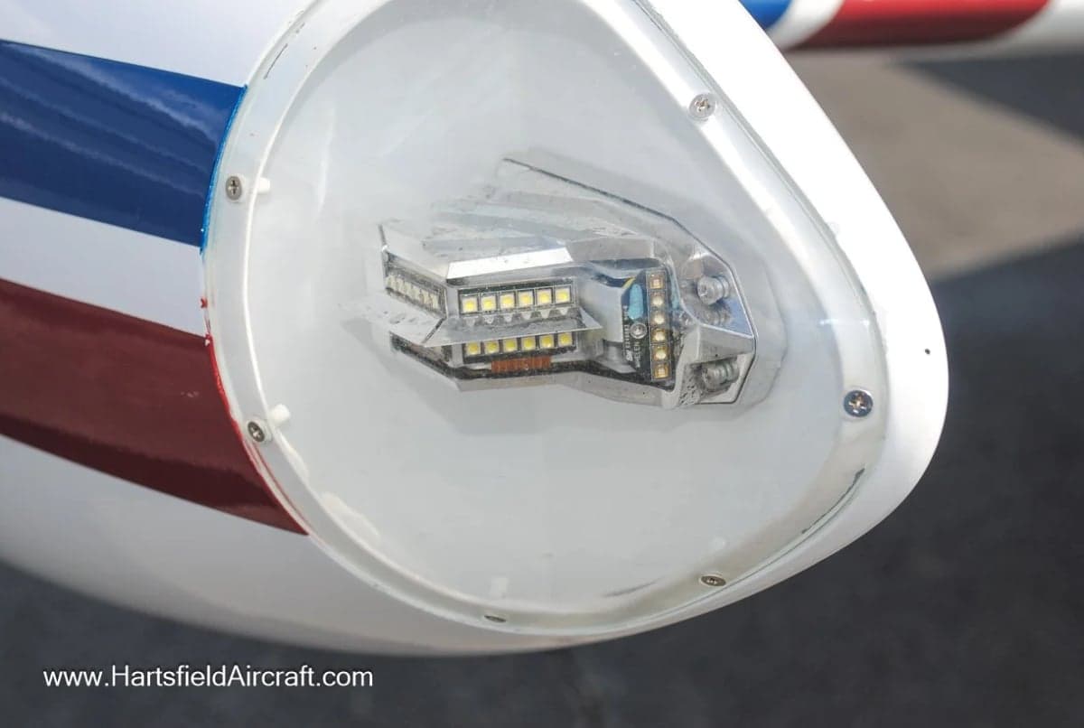 Close-up of the LED wingtip light on a Beechcraft Bonanza aircraft.