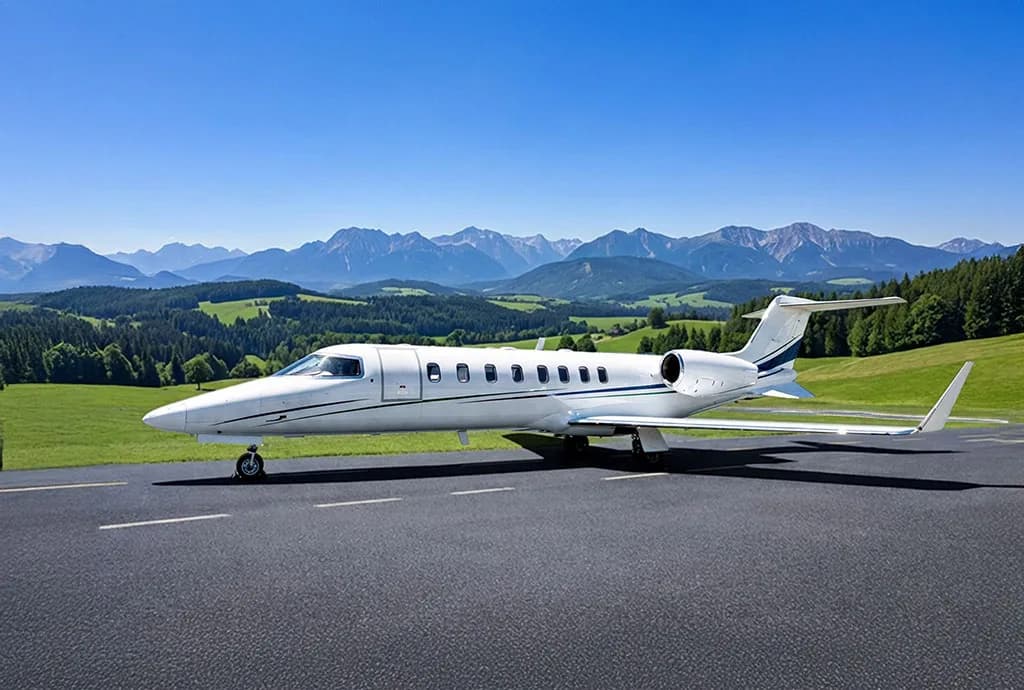 A white business jet with blue and black stripes is parked on an asphalt runway with a scenic background of green hills and mountains under a clear blue sky.