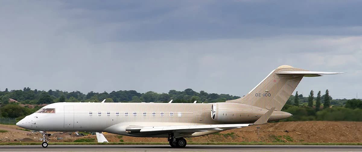 A Bombardier Global Express business jet on the runway.