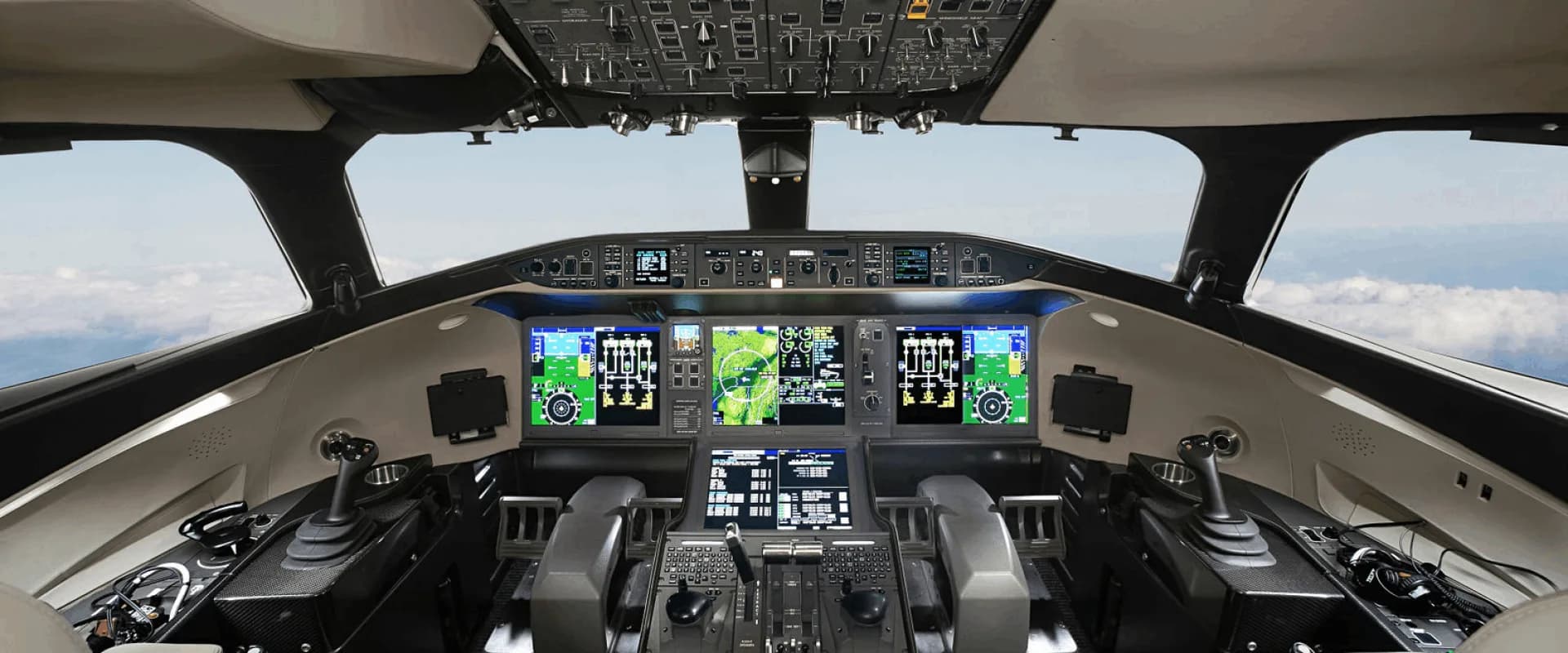 Aircraft cockpit with instrument panel and controls.