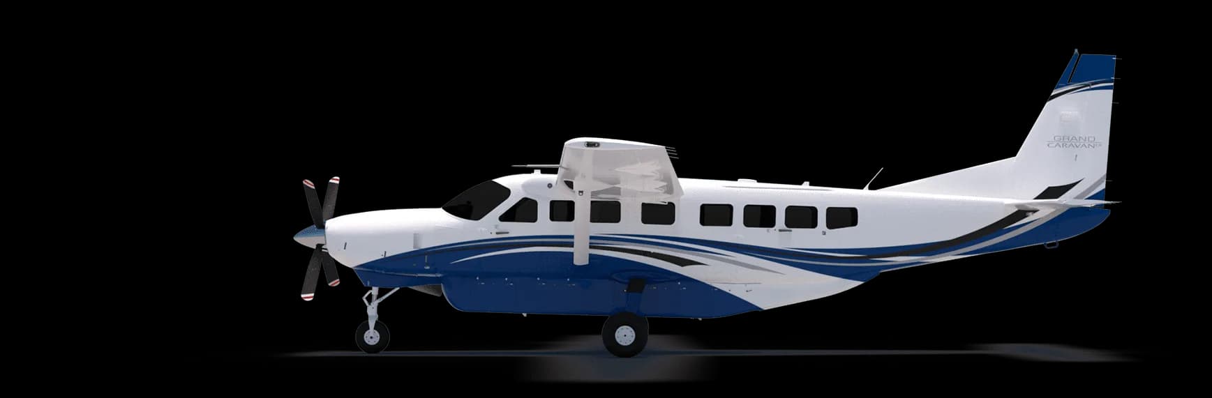 Stock photo of a Cessna Grand Caravan with blue and white paint scheme, side view.
