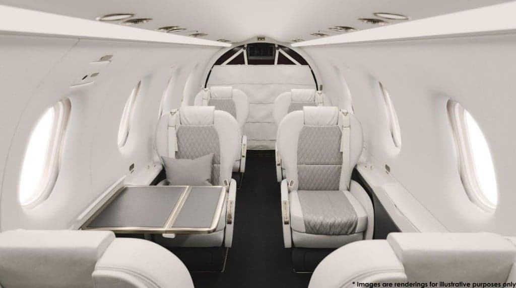 Rendering of a Pilatus PC-12 cabin interior showing the seating arrangement.