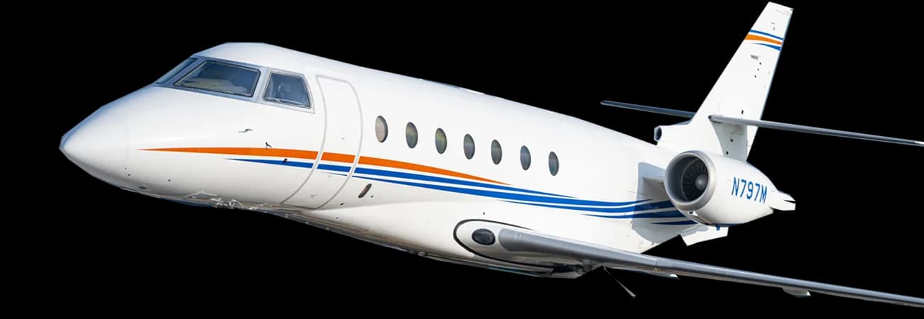 A Gulfstream jet with a white and blue paint scheme is shown against a black background.