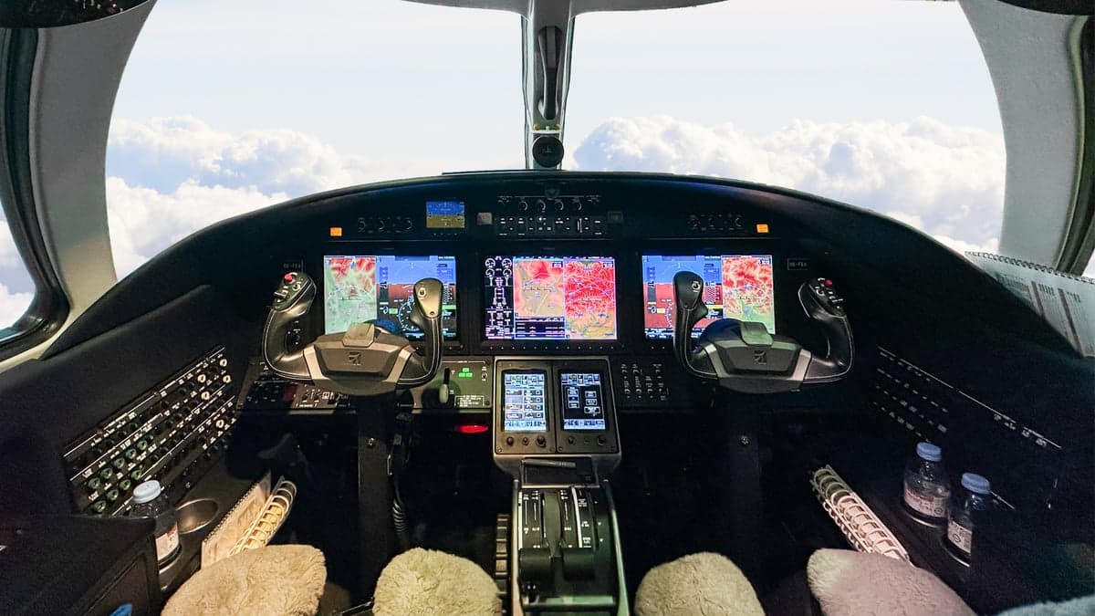 Cockpit view of a Cessna Citation CJ3 in flight.