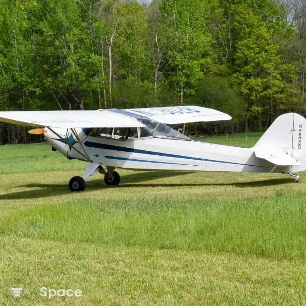 Right side view of a white single-engine high-wing aircraft with blue stripes, parked on a grassy field.