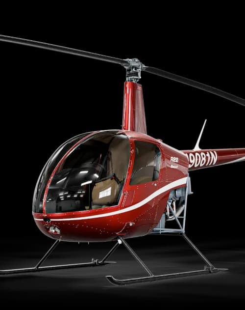 A red and white Robinson R22 Beta II helicopter on a white background.