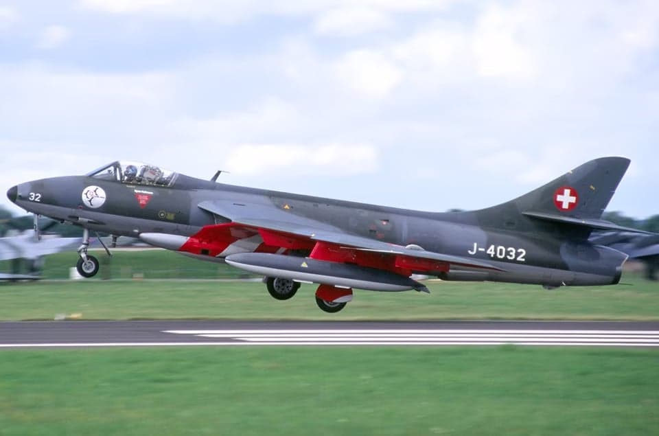 Hawker Hunter J-4032 parked on the tarmac.