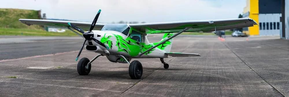 A white and green Backcountry Super Cub aircraft with a dragon paint scheme parked on an airfield.