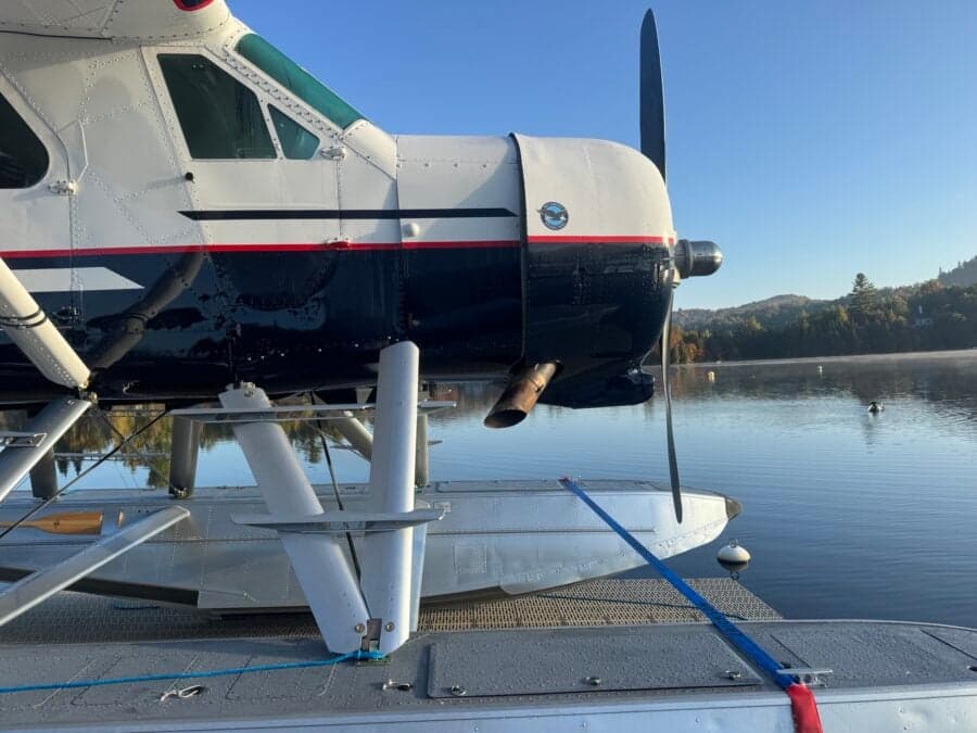 Close-up of the de Havilland Canada DHC-3 Otter's engine and floats.