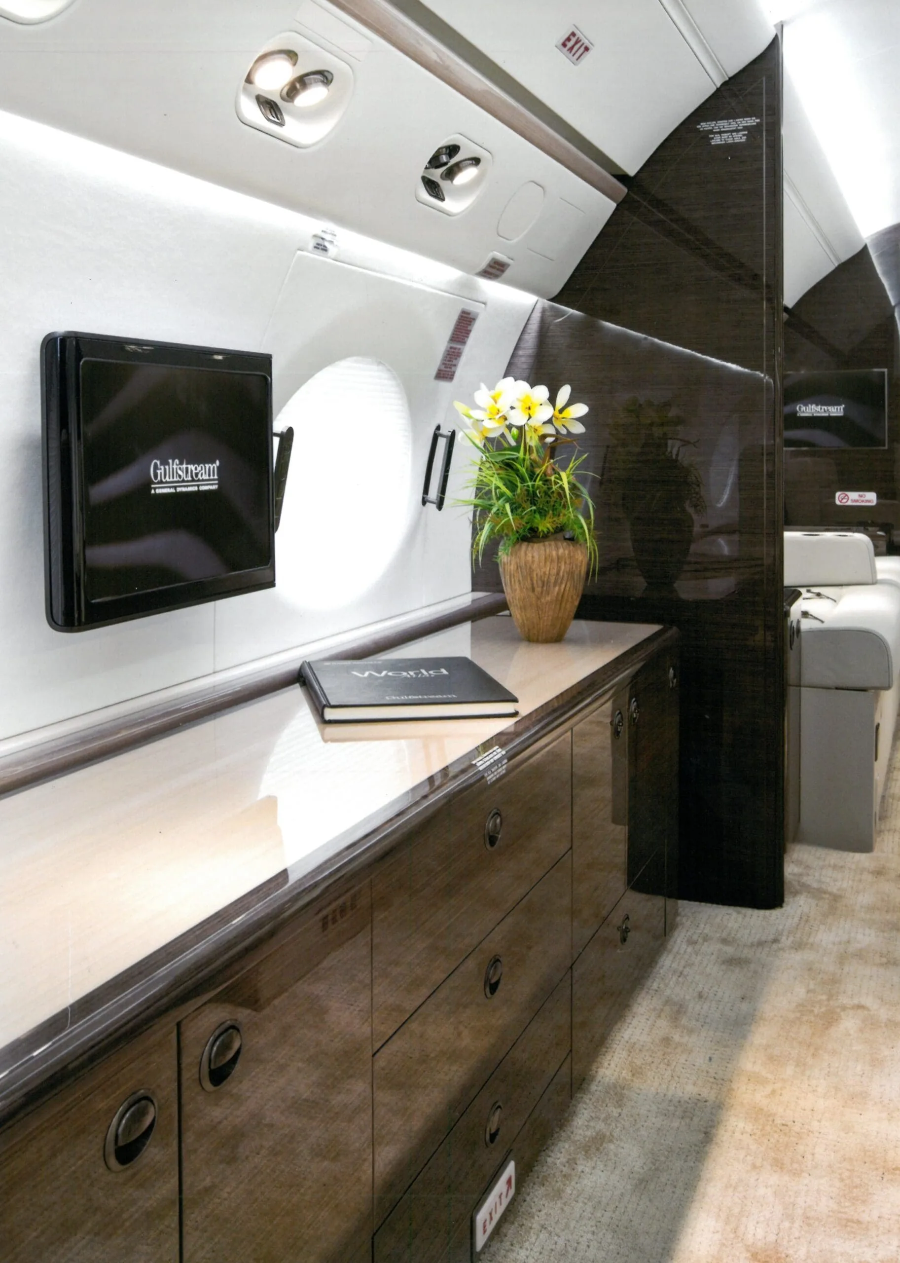 View of the aircraft cabin with a flower arrangement and a Gulfstream TV screen.