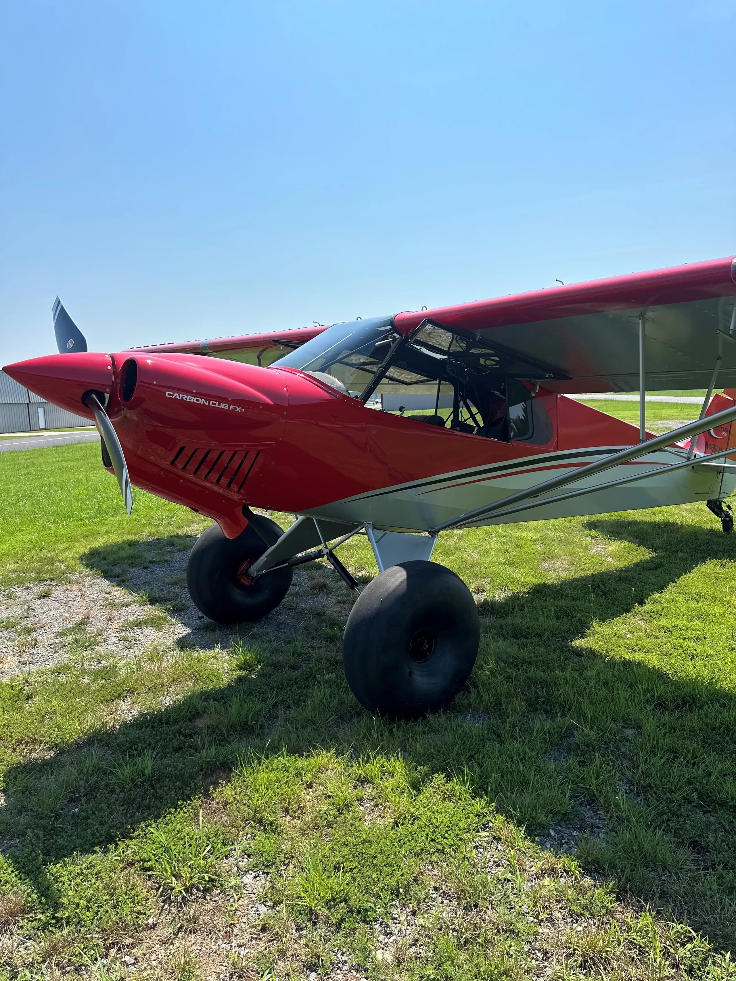 A red and silver Carbon Cub FX-3 on a grassy field.
