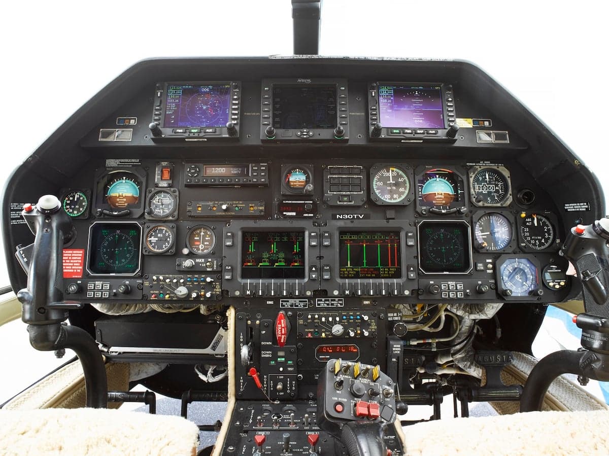 Instrument panel and controls in the cockpit of the helicopter.