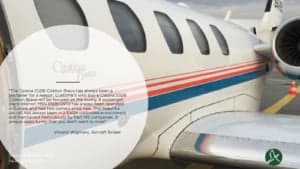 Close-up of a Cessna Citation Bravo with red and blue stripes.