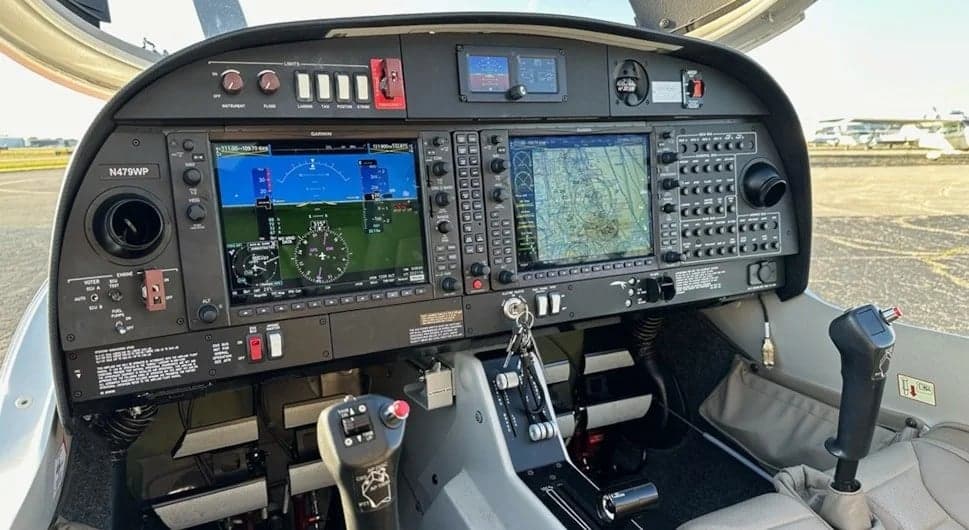 The cockpit of the aircraft features advanced avionics and controls.