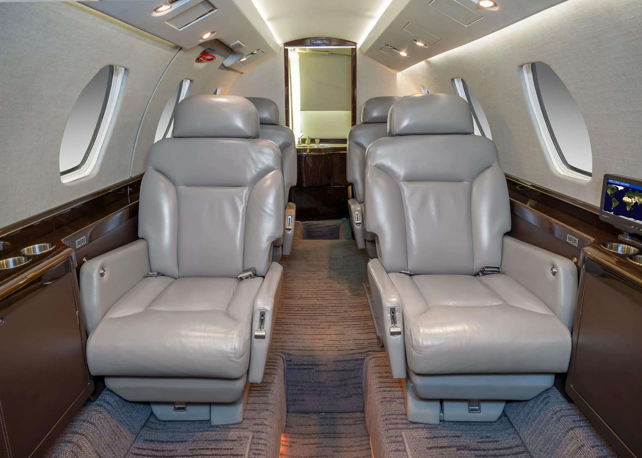 View of the cabin interior showing seats.