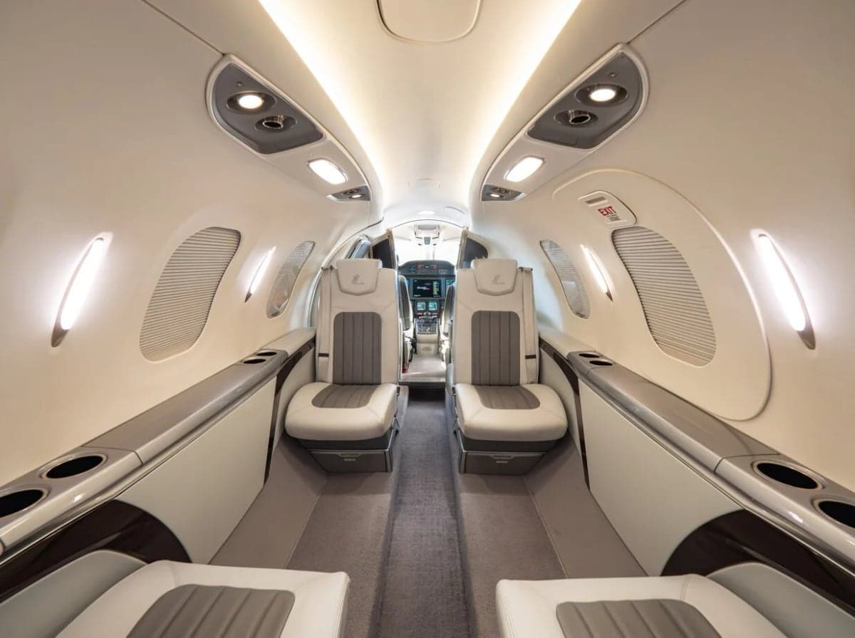 View of the interior cabin seating of the aircraft.
