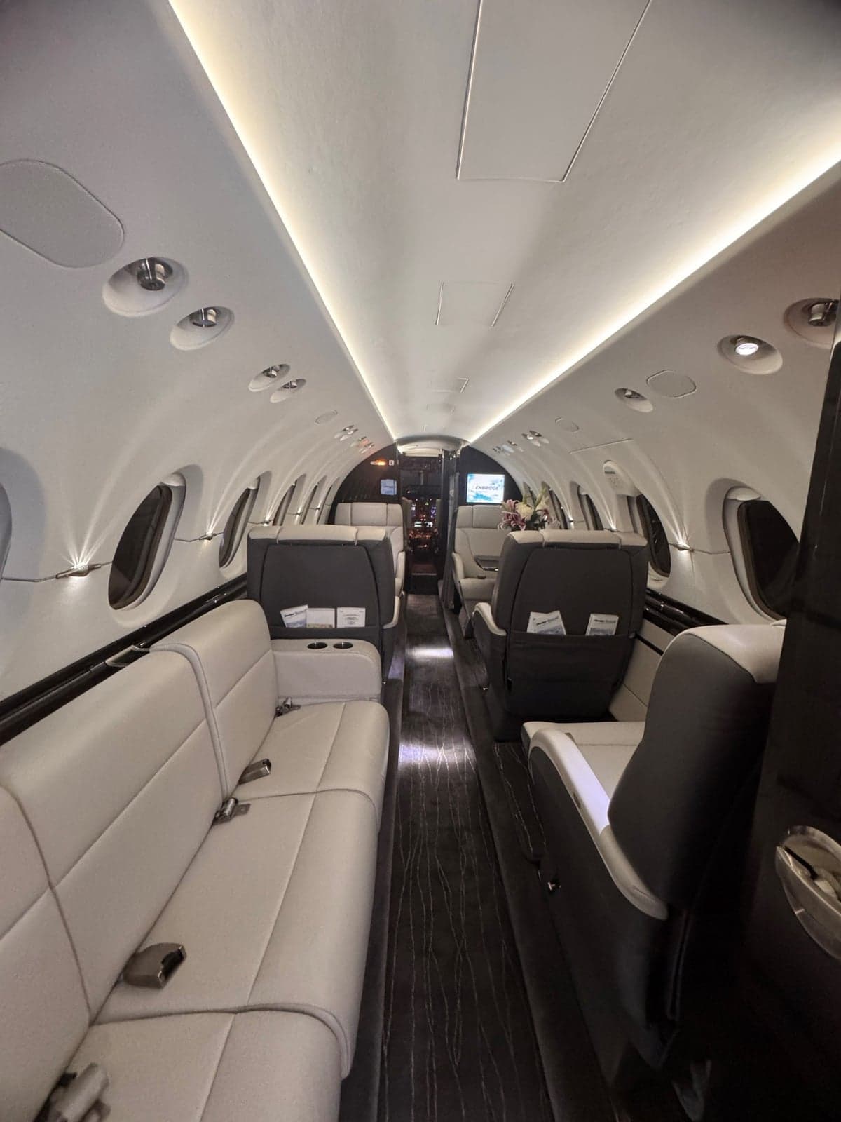 View of the aircraft's interior cabin with white leather seats and dark wood accents.