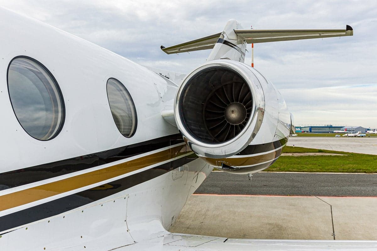 Close up of the engine of the Beechjet 400A aircraft with registration OK-IMO.