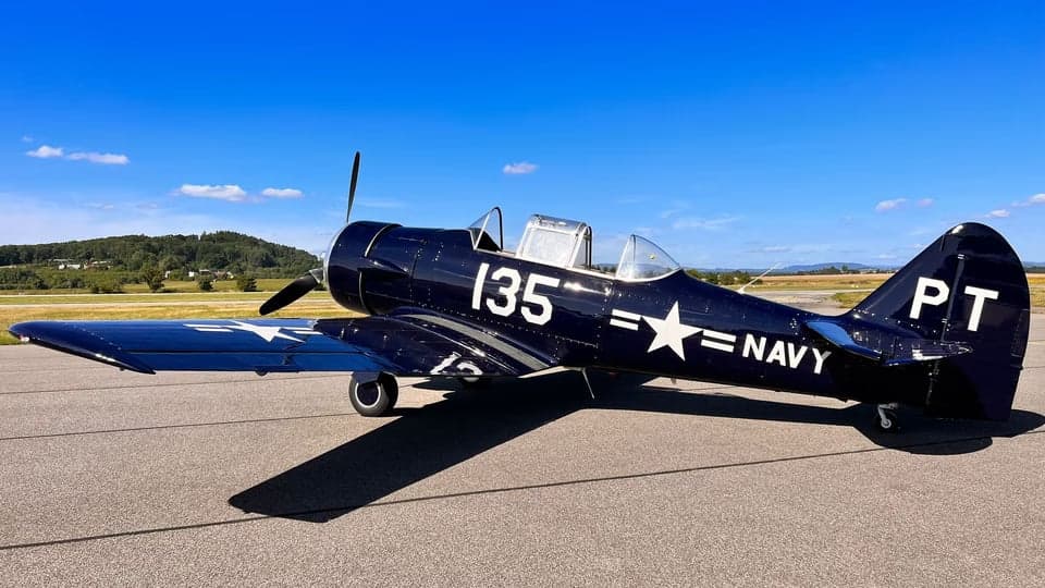 Side view of a navy blue North American T-6 Texan on the tarmac.
