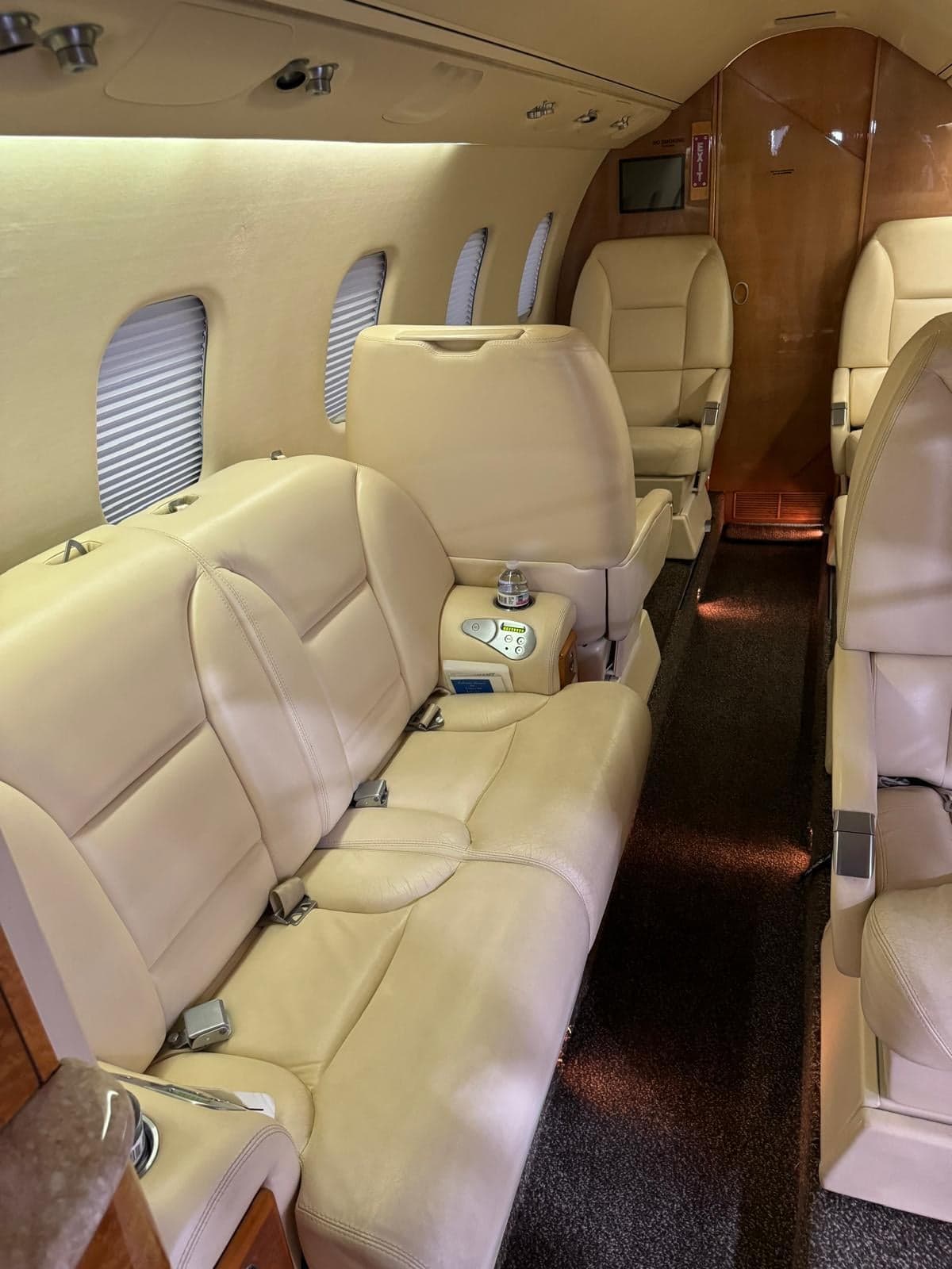 Interior view of the aircraft cabin with leather seats and side console.
