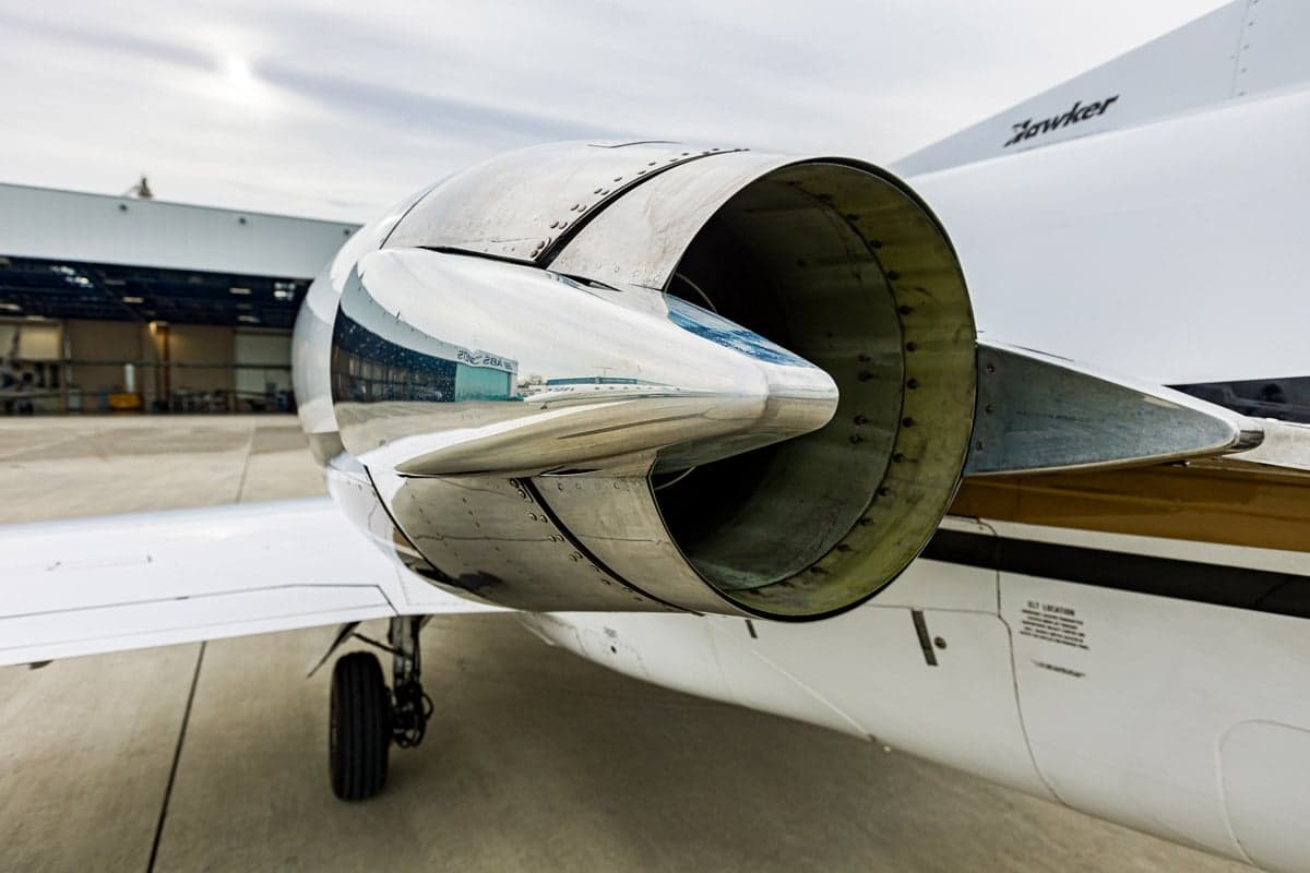 Close up of the engine of a Hawker aircraft.