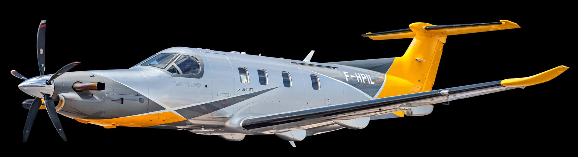 A silver and yellow Pilatus PC-12 aircraft with registration F-HPIL, shown against a white background.