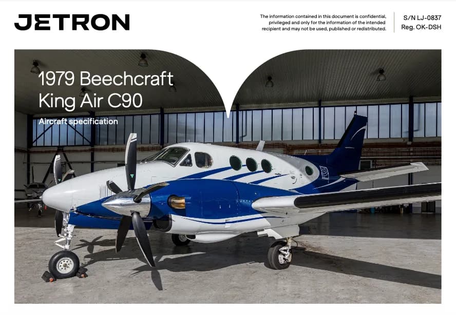 A 1979 Beechcraft King Air C90 in white and blue livery, parked in a hangar, with listing text overlay.