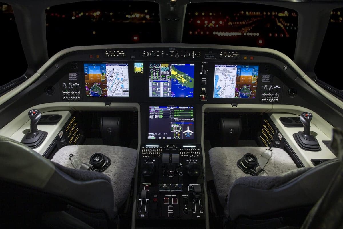 View of the Embraer Legacy 500 cockpit instrument panel.