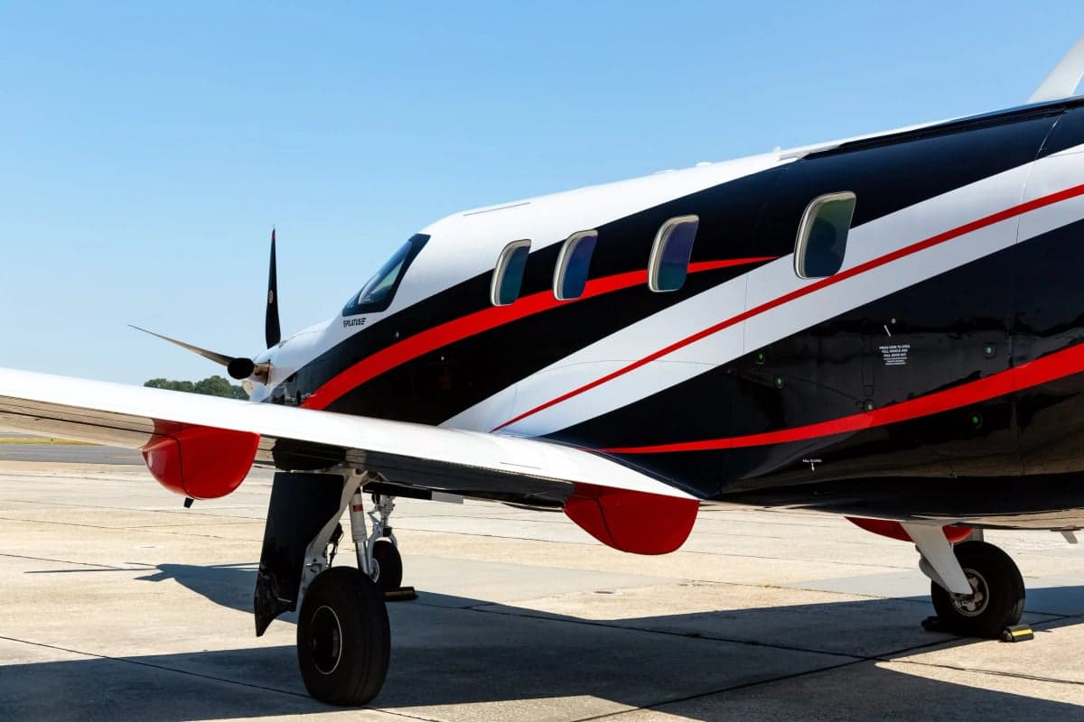 Close up of the side of a Pilatus PC-12 with a black, white, and red paint scheme.