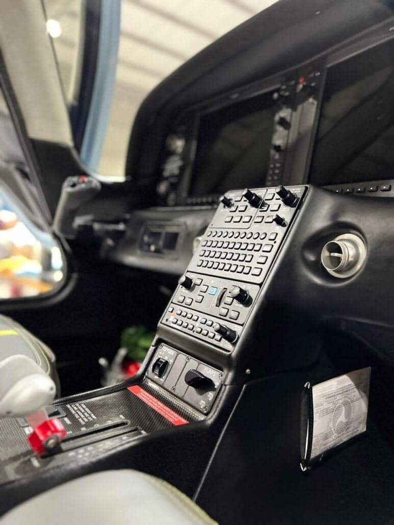 Close-up of the cockpit controls and instrument panel.
