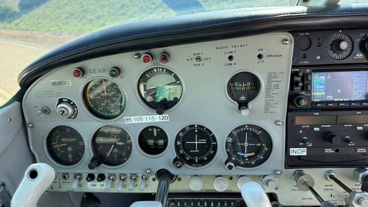 Close-up of the instrument panel in the Mooney Mark 21 aircraft.